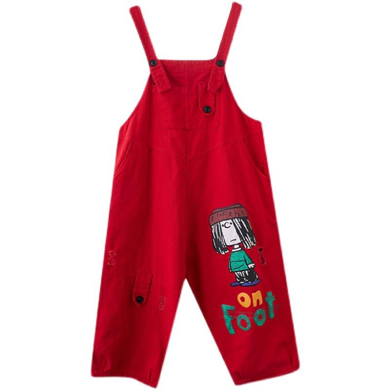 Летние джинсовые комбинезоны с мультяшным принтом, женская одежда, свободные модные комбинезоны с отверстиями, женские красные джинсы, комбинезоны, уличная одежда