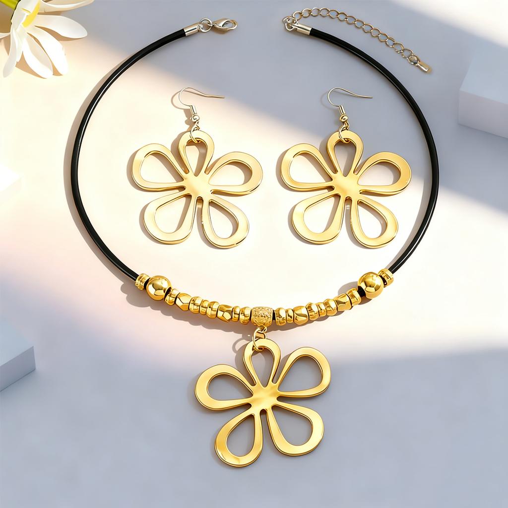 1 Set of Hot-Selling Black Rope Geometric Hollow Flower Pendant Necklace and Hollow Flower Earrings Jewelry Set