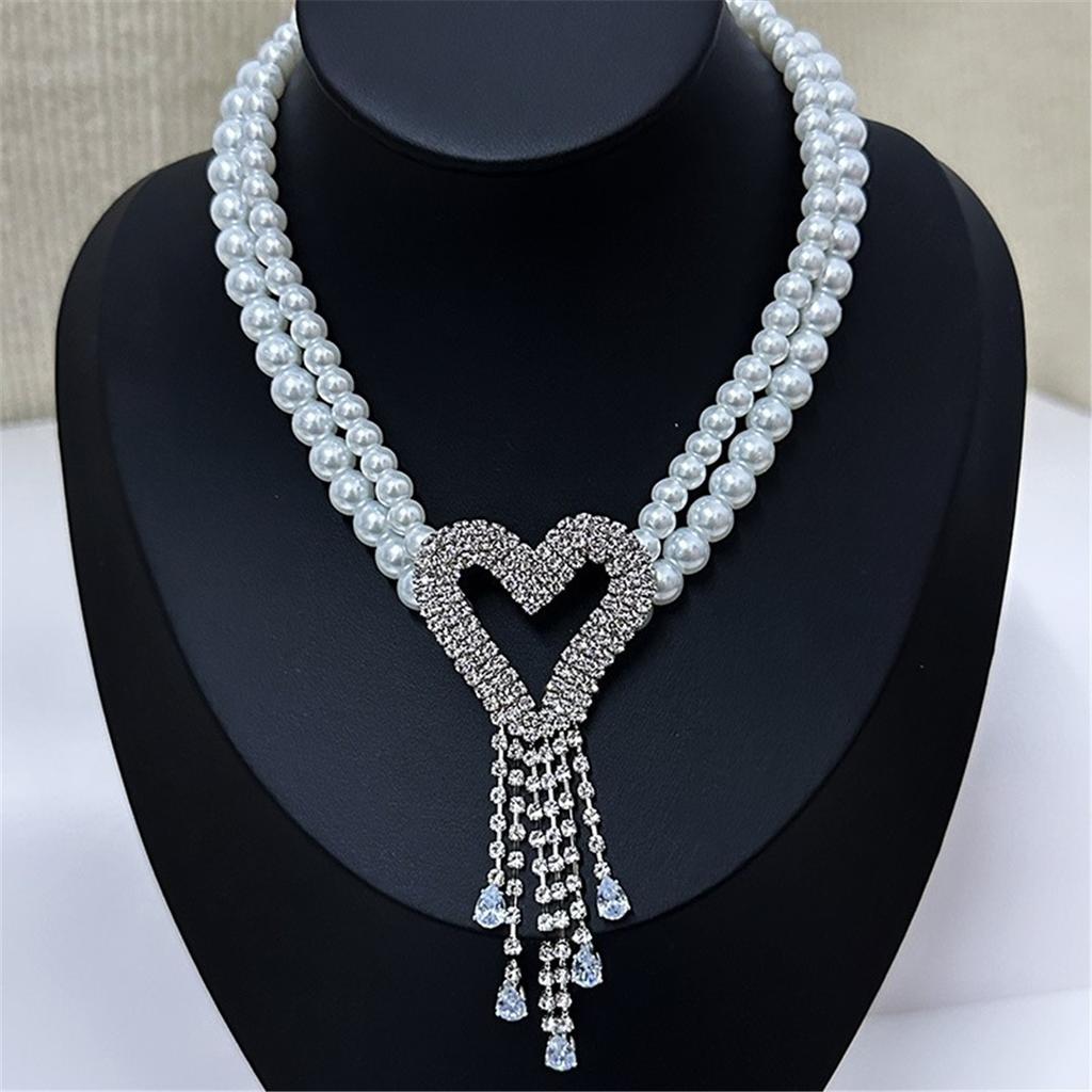Мода Легкая Роскошь Высокий Туксика Чувство Двойной Жемчуг Вспышка Бриллиант Любовь Кисточка Ожерелье Ожерелье Цепочка на Шею Цепочка на Ключицу