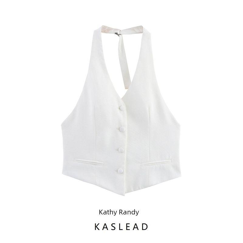 Kaslead New Women Clothes Western Style Fashion Simple and Versatile White Backless Hanging Neck Top