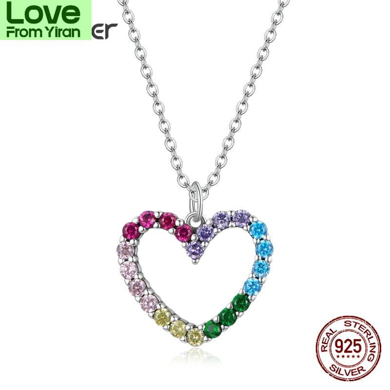 925 Sterling Silver Rainbow Colorful Heart Pattern Love Dazzling Zircon Necklace Chain Link For Women Jewelry Scn449