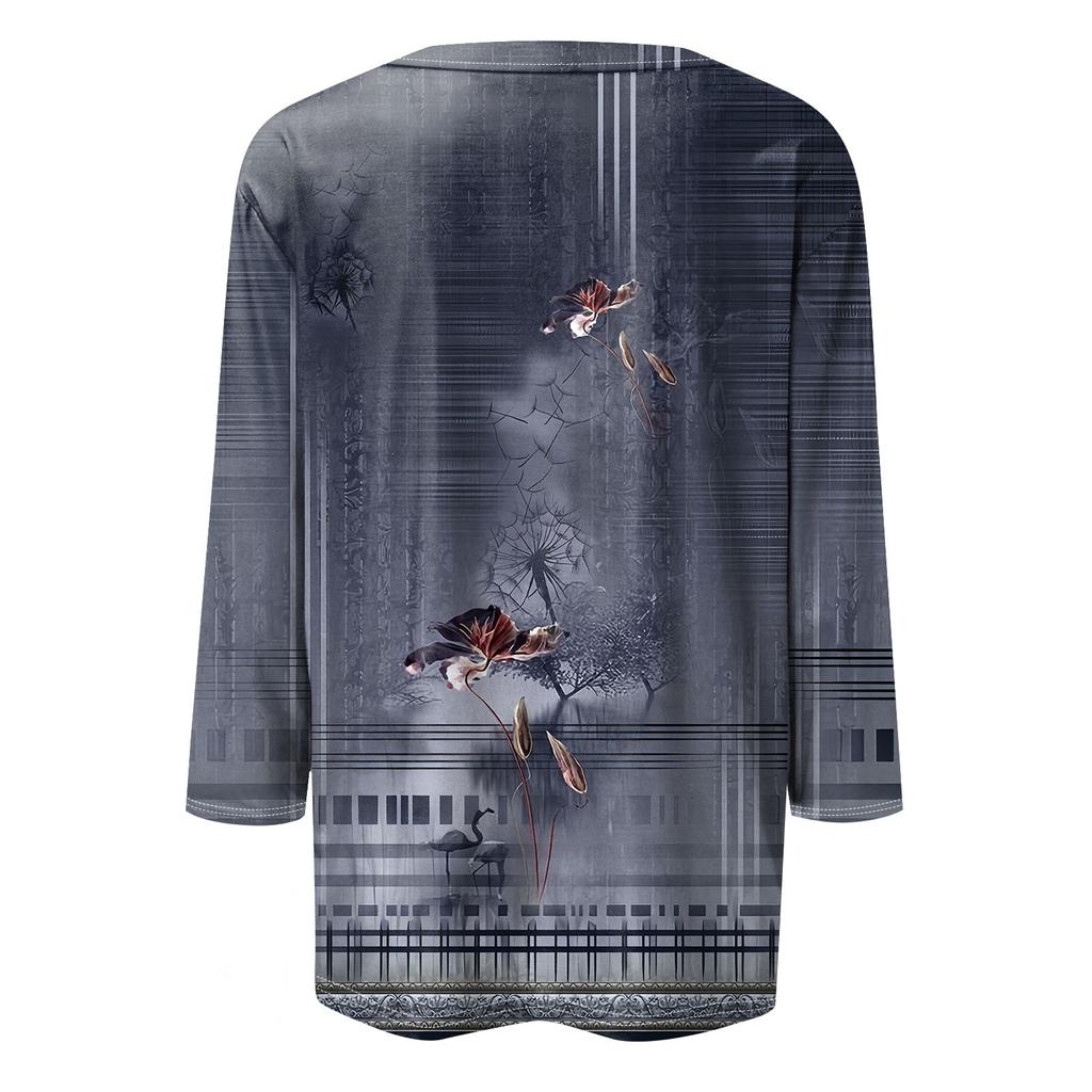 Женская мода, свободная рубашка с круглым вырезом и рукавом семь четвертей, винтажная повседневная футболка с цветочным принтом, топ