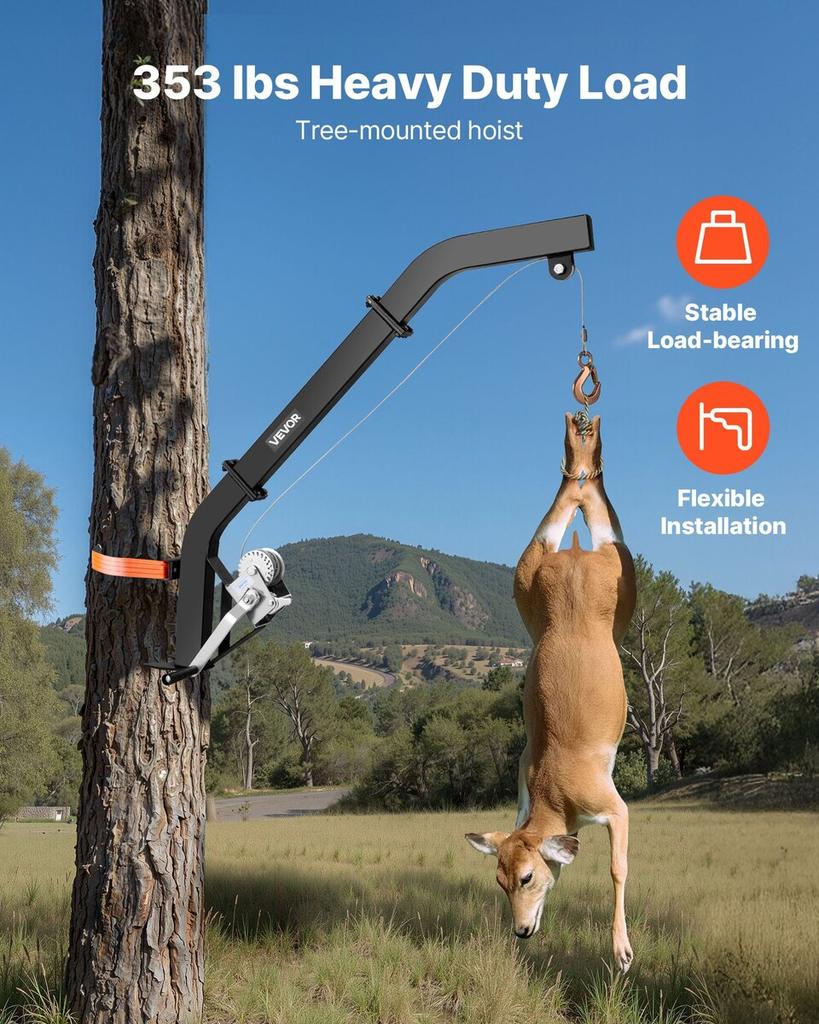 Tree Mounted Deer Hoist, 353 lbs Load Capacity, Hunting Game Hoist Winch Lift with Ratchet Strap, Heavy Duty Deer Hanger for Skinning, Cleaning,