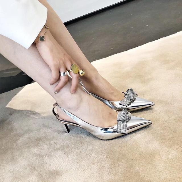 Pumps Women Shoes Crystal Bowknot New Autumn Thin High Heels Sandals Ladies Pumps Patent Leather Pointed Toe Slip On Shoes Woman