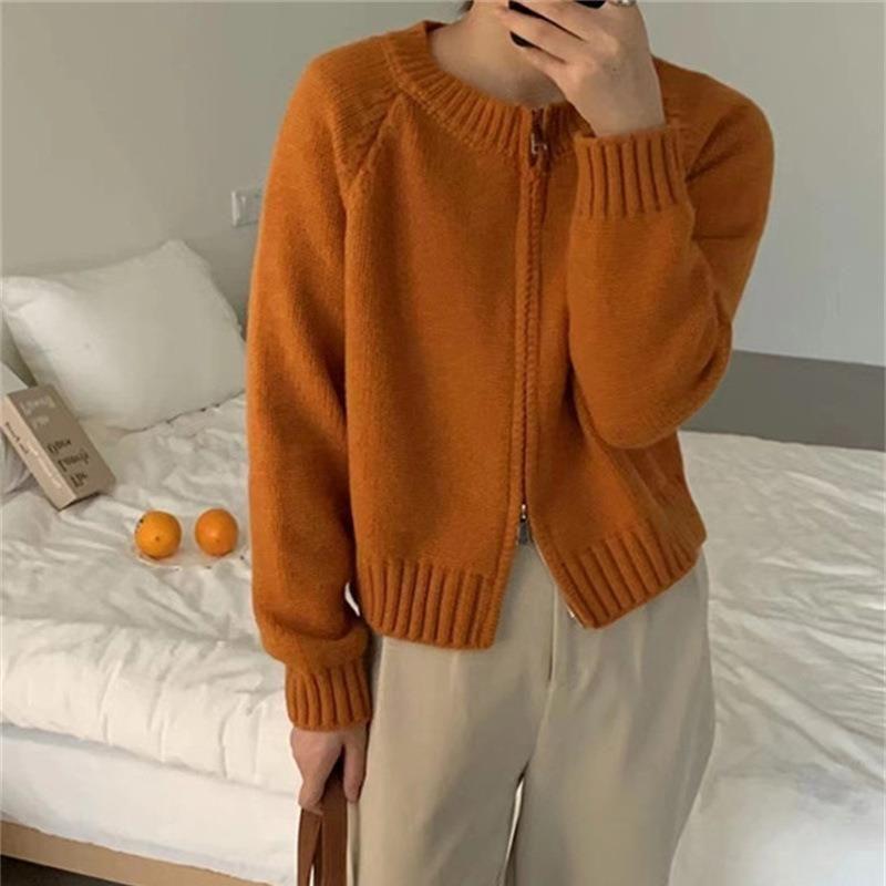 Korean Style Short Solid Color Knitted Sweater for Women New Double Zipper Knitted Cardigan Top
