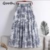 Elegant Women A-line Ink Painting Print Chiffon Skirt  Mid Length Elastic Waist Skirt QT2653