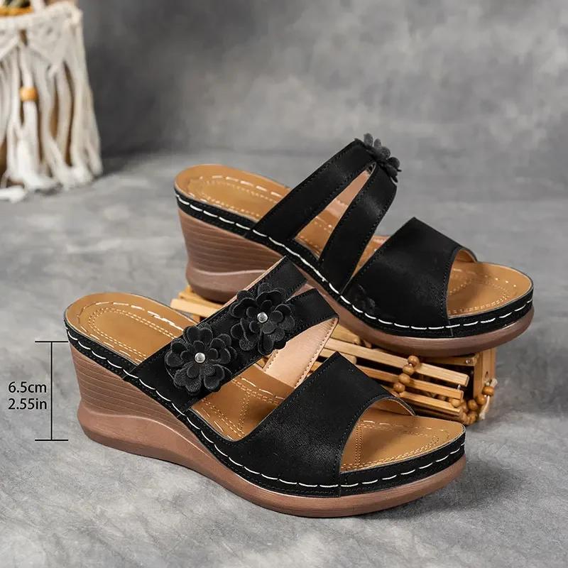 Модные ретро сандалии-клинья с цветочным декором для женщин больших размеров, массивная платформа, летние удобные нескользящие пляжные туфли