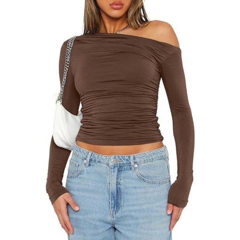 Women's Blouse Spring and Autumn Slant Shoulder Asymmetric Solid Colour Navel Blouse Long-sleeved Sexy Slim Temperament T-shirt