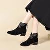 Suede Pointed Thick Heel Short Boots Women's Autumn and Winter Fashion Velvet Low Heel Frosted Leather Rhinestone Bow Versatile Boots
