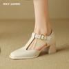 2024 New Genuine Leather Square High Heel Spring Summer Fashion Female Shoes Platform T Strap Buckle Square Toe Women Pumps