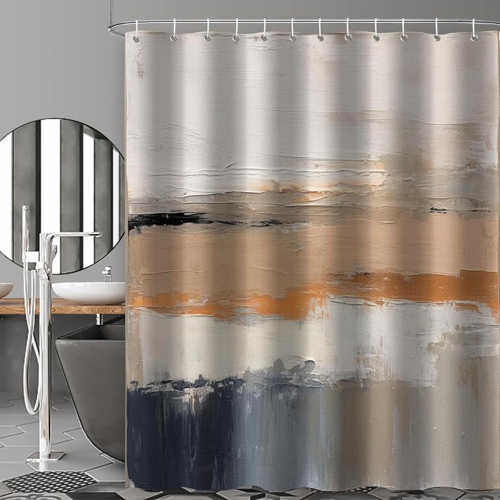 Brown Beige Shower Curtain for Bathroom,Black Grey White Boho Shower Curtain Set,Oil Painting Abstract Fabric Modern Waterproof