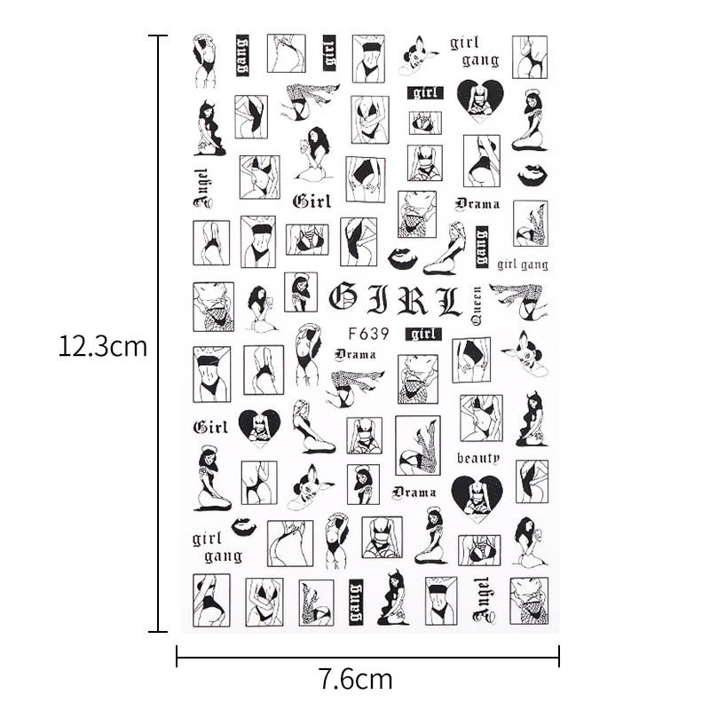 1 шт. сексуальные женские листья цветы узор наклейки для дизайна ногтей черно-белые персонажи DIY наклейки для дизайна ногтей