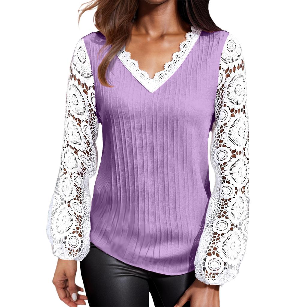 Женская свободная повседневная футболка с v-образным вырезом и кружевом в стиле пэчворк с длинными рукавами