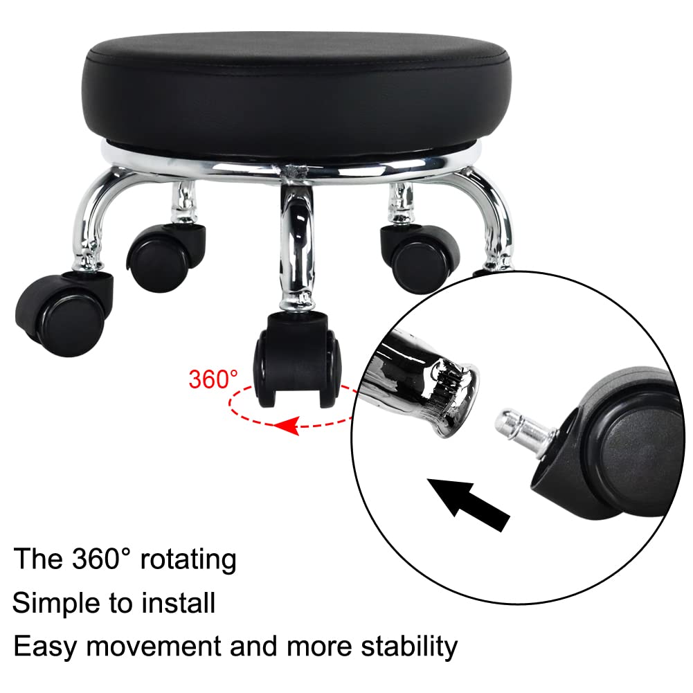 WKWKER Modern Stool with PU Circular Rolling Small Multidirectional Wheeled Low Height Suitable for Home Garages and Stores Wheels, Leather, Stool,