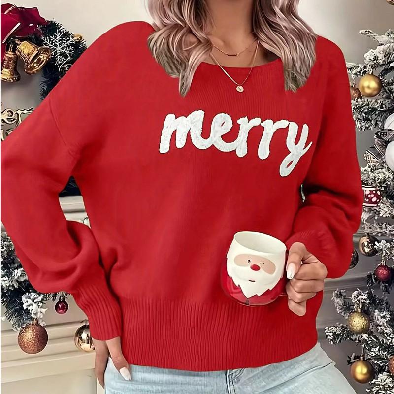 Womens Christmas Knit Sweater 2026 Round Neck Long Sleeve Pullover Loose Fit Acrylic Casual Top
