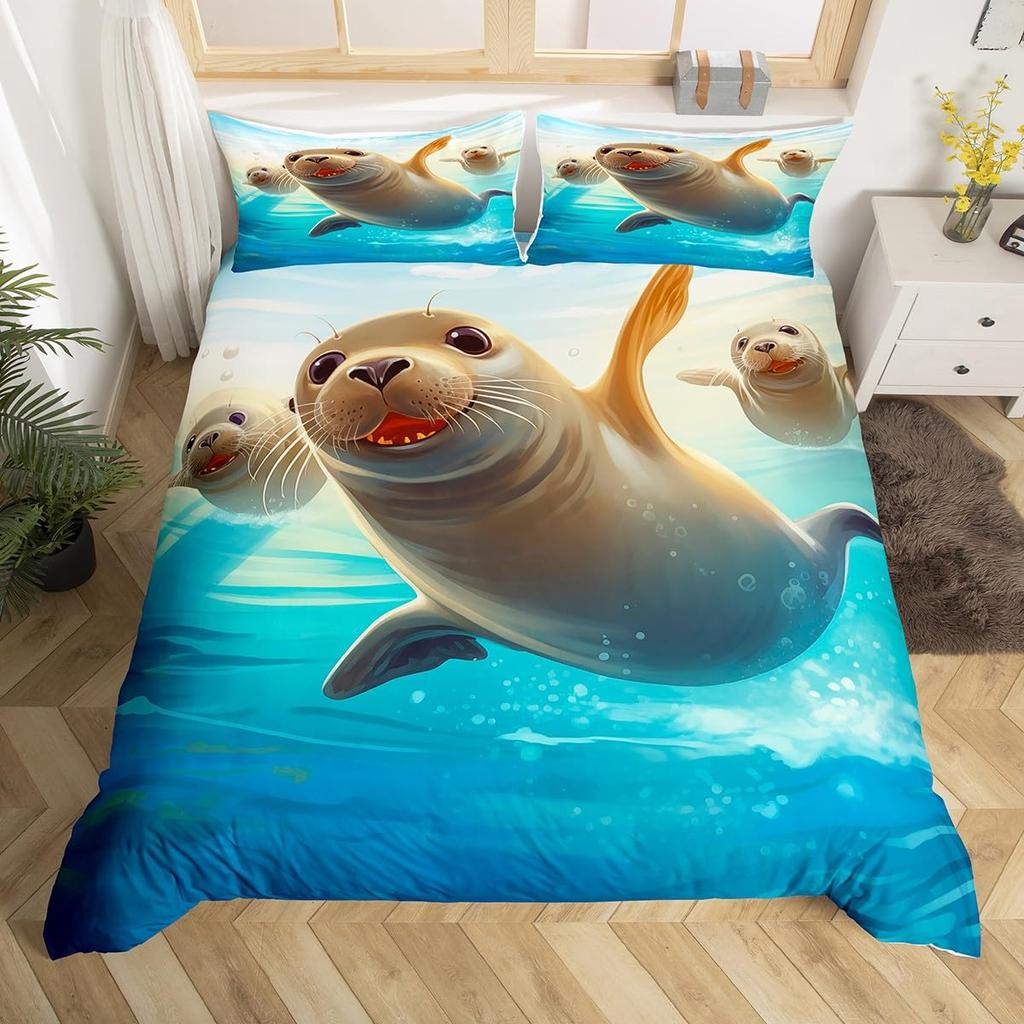 Набор пододеяльников Seal для детей, мальчиков, девочек, размер Queen. Легкие чехлы для одеял с наполнителем. Декор комнаты. 2 наволочки, 1 пододеяльник. Без одеяла.