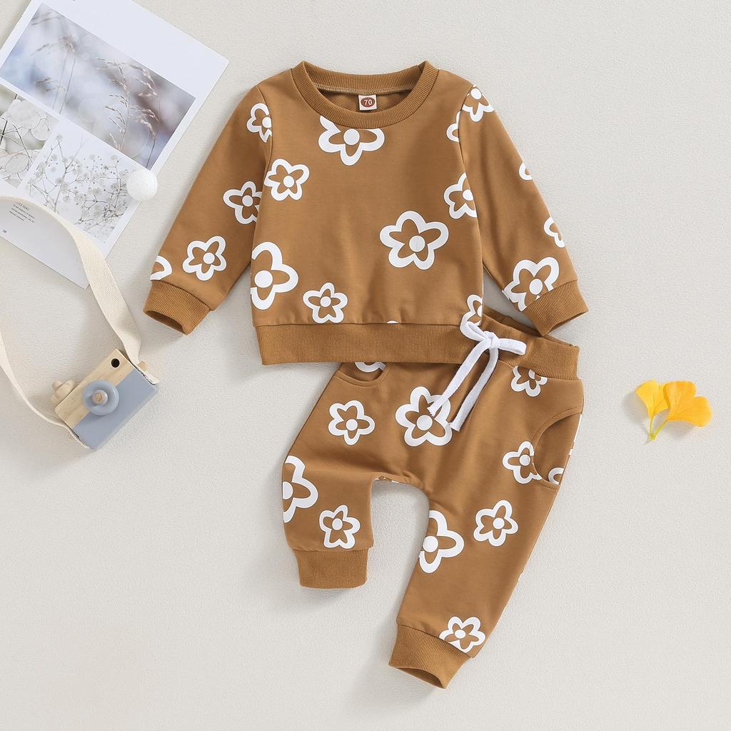 Baby Girls 2-piece Outfit, 6 12 18 24 Flower Print Long Sleeve Crew Neck Sweatshirt with Elastic Waist Sweatpants Fall Clothes