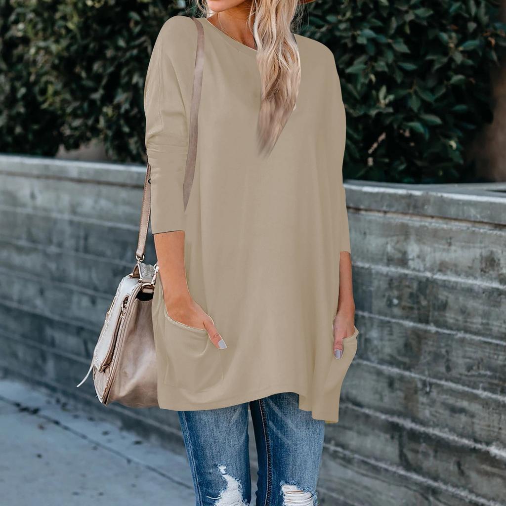 Women's Solid Color O-neck Long Sleeve T-shirt Pocket Size Top