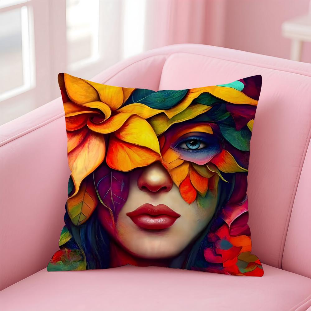 Square Bright Color Flower Girl Cushion Cover Pillow Case Soft Skin Friendly Fabric Concealed Zipper