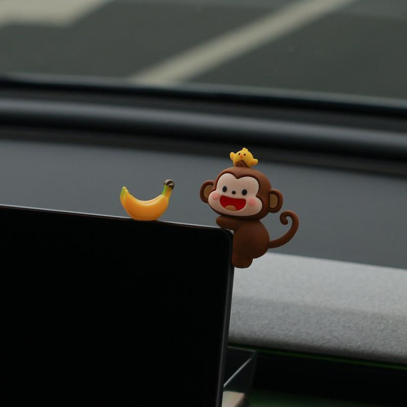 Cartoon Mini Monkey Car Ornament with Banana Waterproof Cute Car Interior Dashboard Decoration for All Vehicles