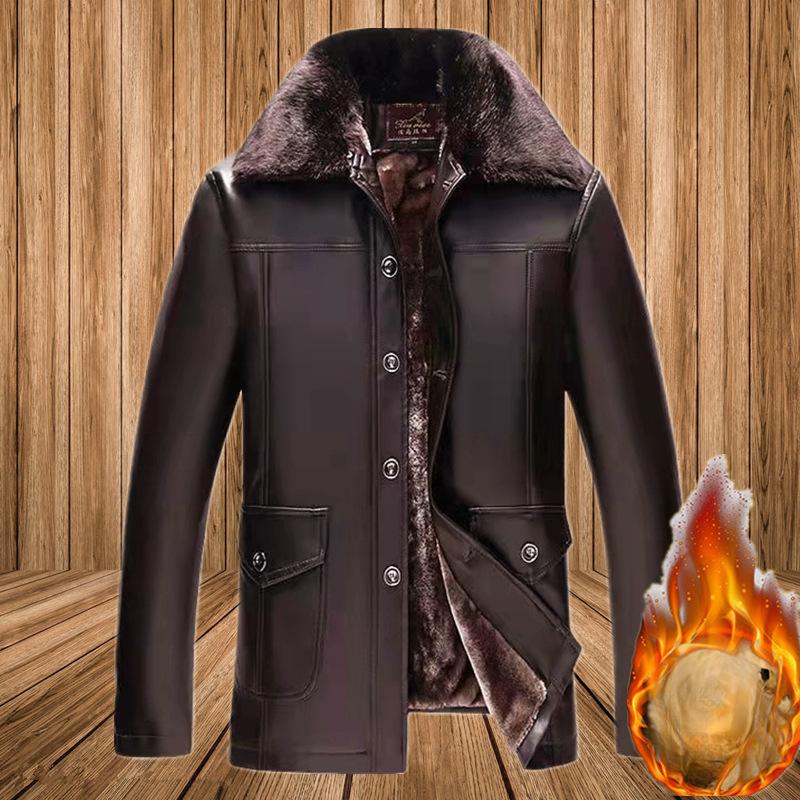 Кожаная куртка для людей среднего и пожилого возраста, мужское пальто средней и длинной длины, зимняя утолщенная бархатная новая мужская кожаная куртка