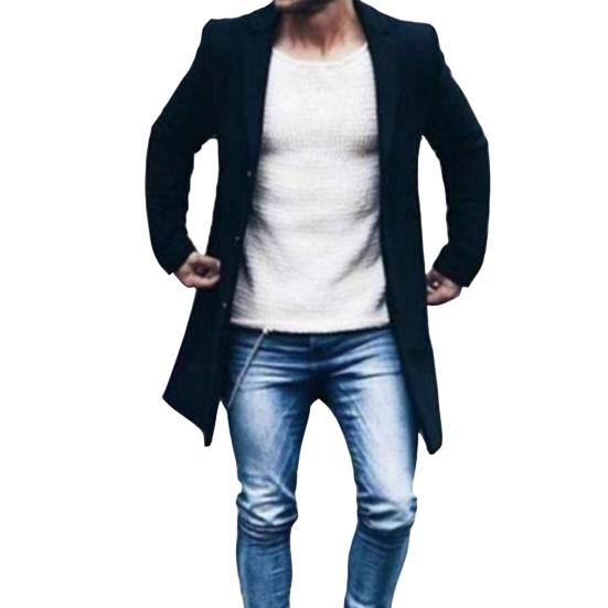 Мужская ветровка с лацканами, длинный рукав, однобортная теплая верхняя одежда с карманами, однотонная куртка средней длины, пальто