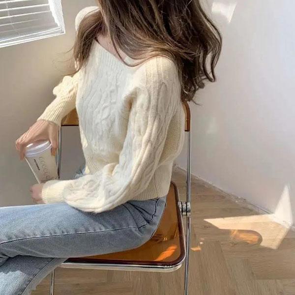 Женские весенние и осенние повседневные свитера с длинными рукавами и квадратным вырезом, большие размеры, однотонные универсальные свободные вязаные топы