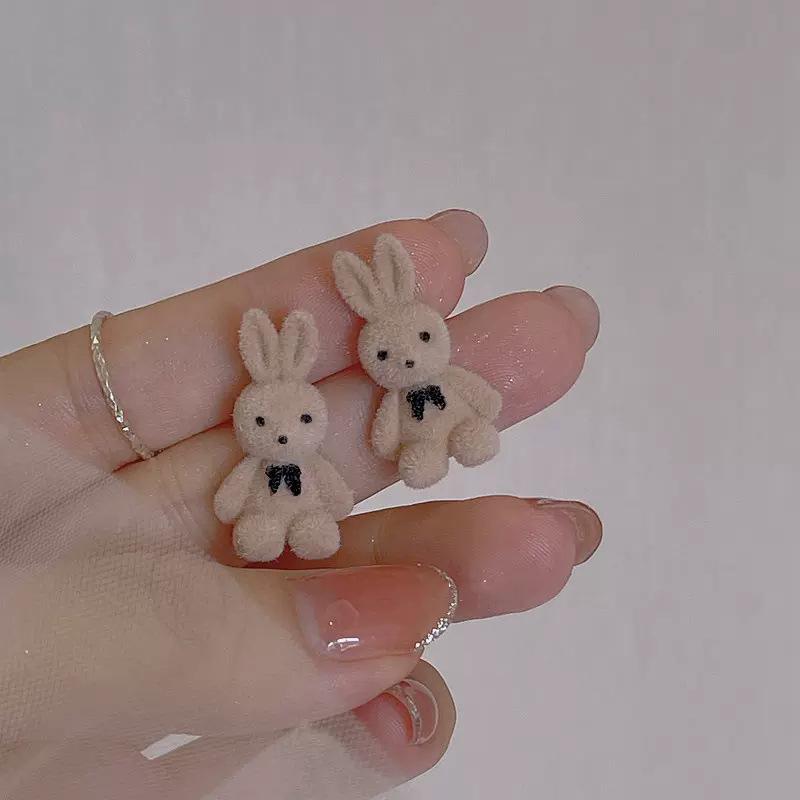 Коричневые флокированные серьги с изображением медведя и кролика, комплект забавных плюшевых маленьких сережек-гвоздиков, серьги с животными для женщин и девочек, ювелирные изделия, подарки