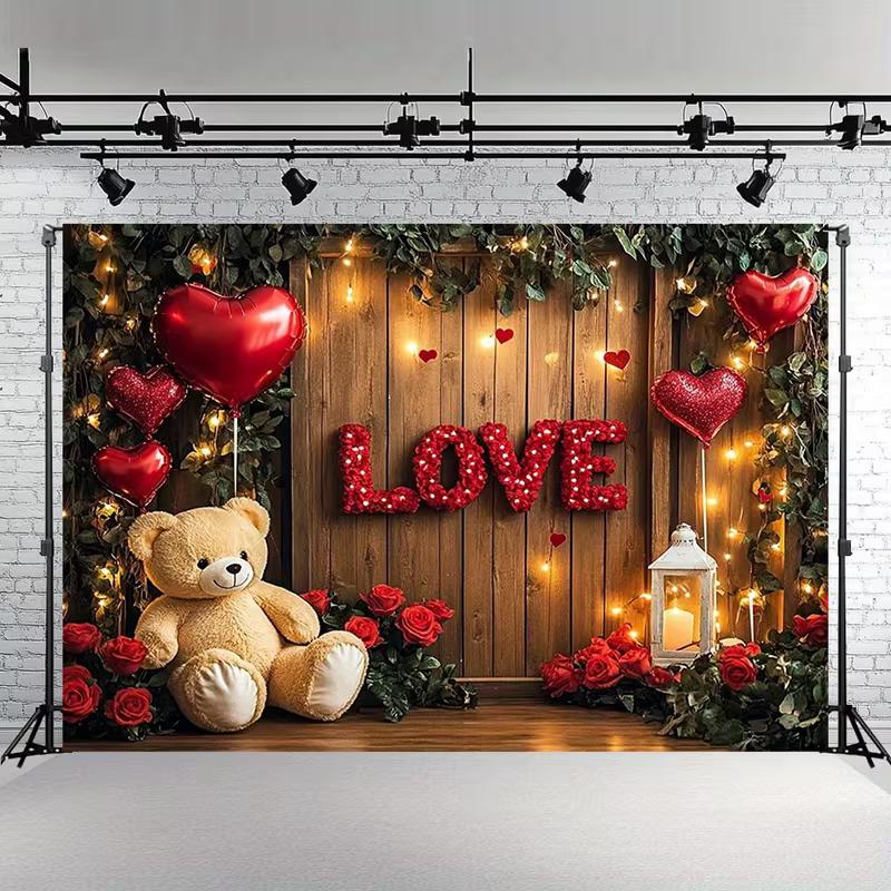 2D Romantic Love Teddy Bear Tapestry Wooden Wall Red Heart Balloon Photo Booth Decor