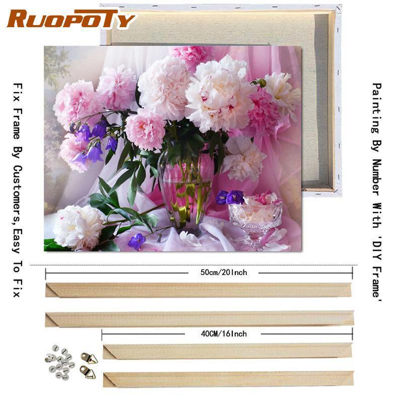 RUOPOTY Краска по номерам, цветок пиона, настенное искусство, уникальный подарок, ручная роспись на холсте, картина по номерам, уличный декор для детской комнаты