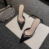 Black Satin Pointed Rhinestone High Heels 2025 Spring New Internet Celebrity Sexy Thin Heel Bag Head Cool Slippers Women