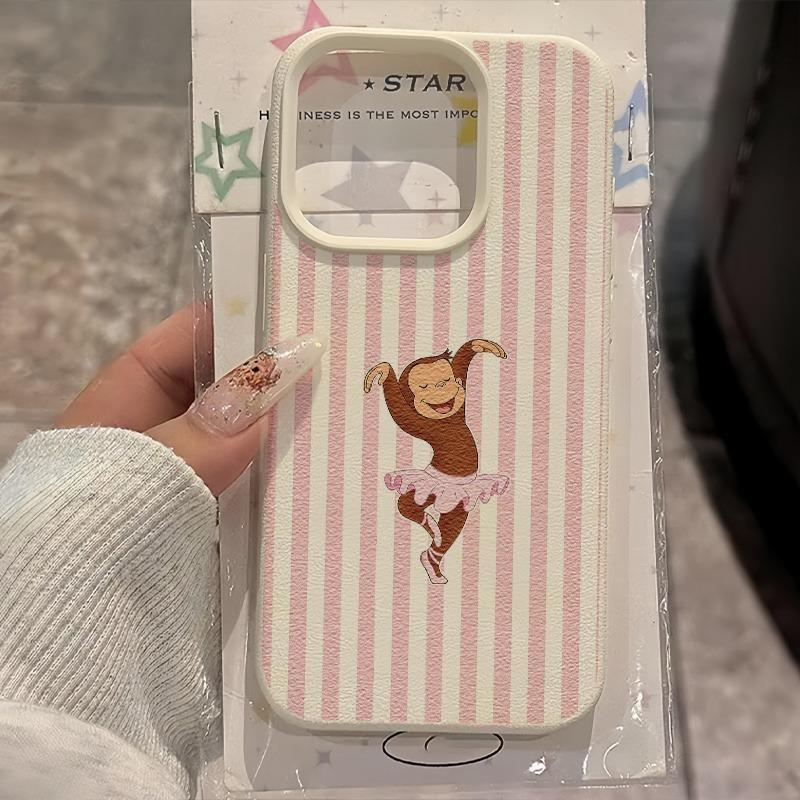 Pink Striped Cute Dancing Monkey Pattern Phone Case For iPhone 17 Pro Max Cases iPhone 16 Plus 15 14 13 12 11 XS XR X 17E Cover