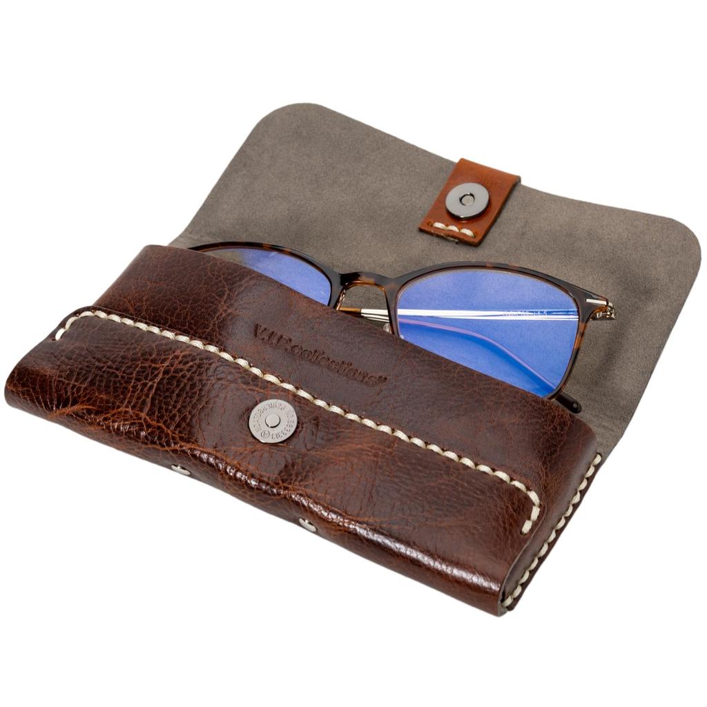 Pearl Genuine Leather Eyeglass Case with Magnetic Button Semi-Hard Closure, Brown, HFD-18