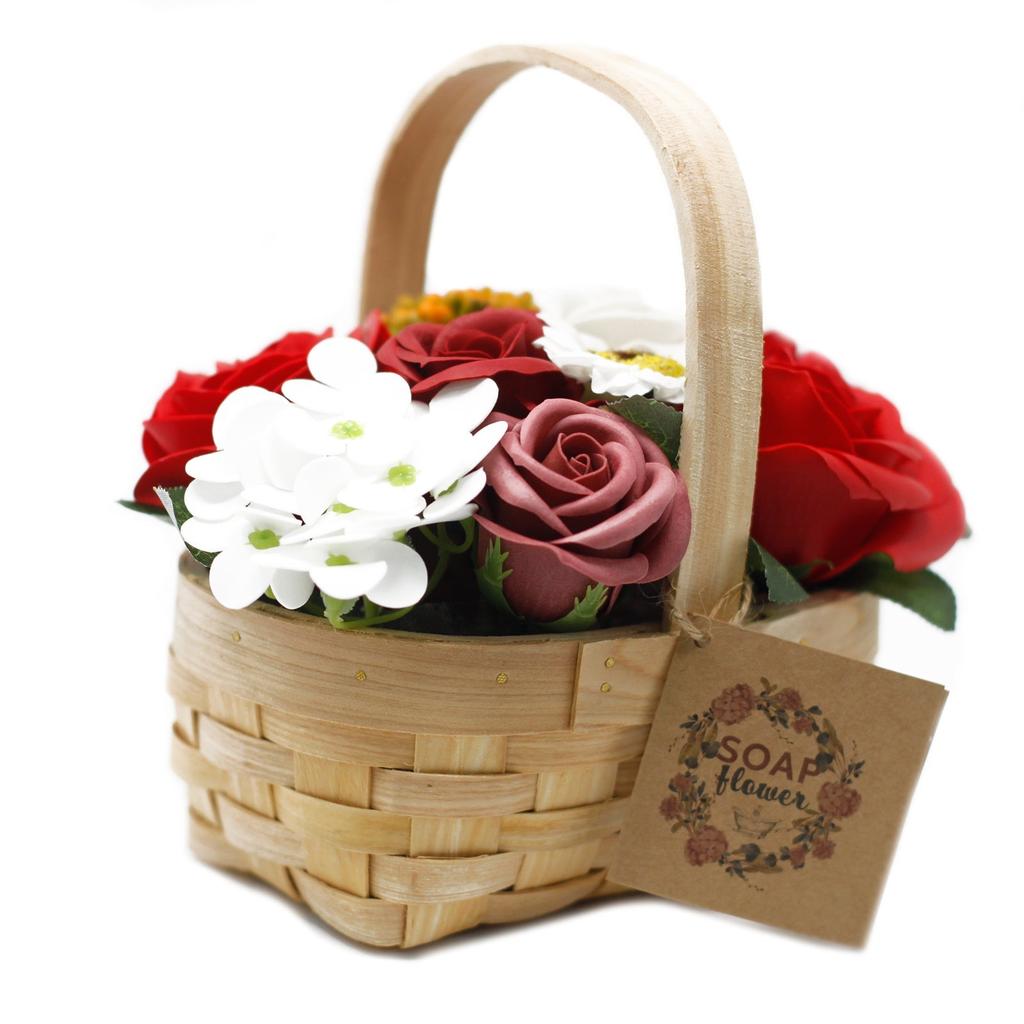 Soap Flower Bouquet Red Medium Wicker Basket