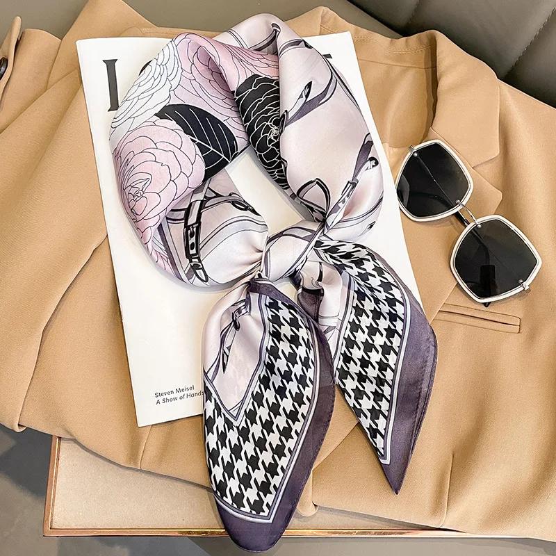 Luxury Houndstooth Silk Square Scarf Women Print Soft Satin Hairband Neckerchief Hijab Lady Headscarf Foulard Kerchief Decorate