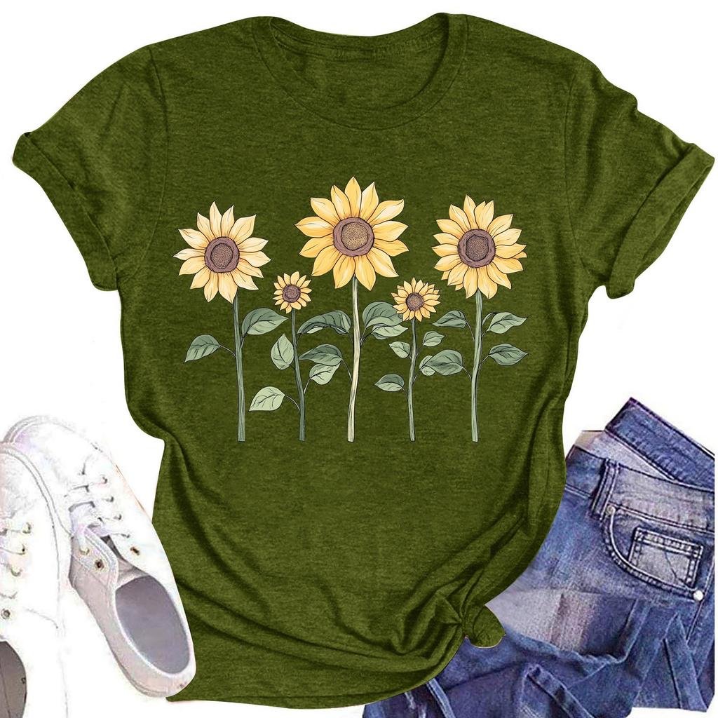 Женская повседневная футболка с круглым вырезом и цветочным принтом, короткий рукав