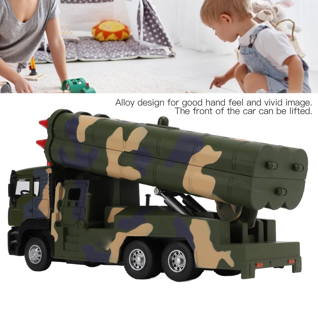 1/50 Military Missile Vehicle Model Alloy Pull-Back Rocket Car Toy with Sound and Light for Kids