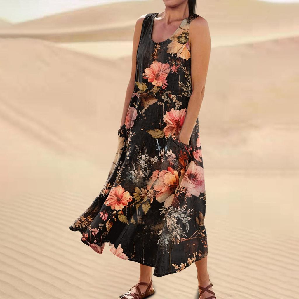 Женское повседневное удобное хлопковое карманное платье без рукавов с цветочным принтом
