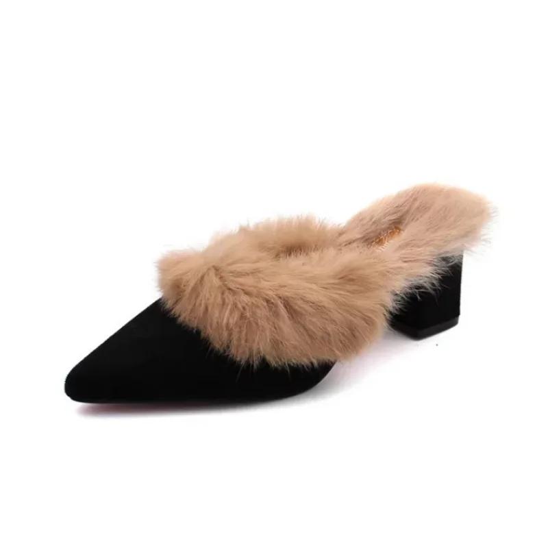 Luxury Fur Winter Women's Warm Slippers Women Solid Fashion Baotou High Heels Ladies Fluffy Plush Indoor Home Mules Shoes Female