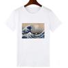 LUSLOS Sea Wave Print T-Shirt Women Summer Short Sleeve Casual White O Neck Tshirt Homme