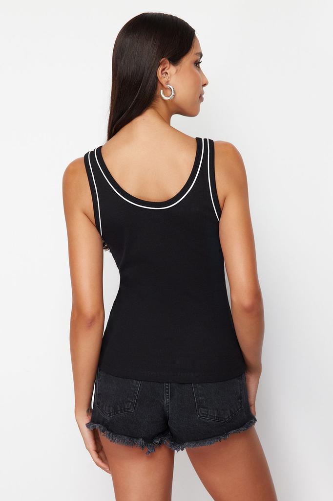 Women's Fashion New Athlete Black Contrast Piping Detailed Pool Neck Vüuda Fitted Ribbed Flexible Knitted Athlete