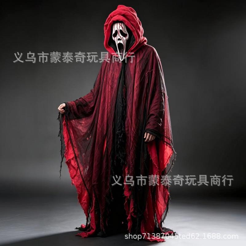 Halloween cape, tattered cloth cos Adult zombie costume, skull design Cape prop, horror, ghost, death, sticker