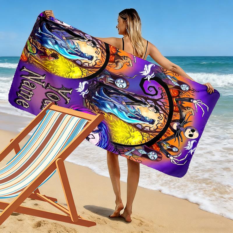 Name Custom Cartoon Coraline Print Beach Towel, Large Soft Quick Dry Towel for Beach Camping Swimming