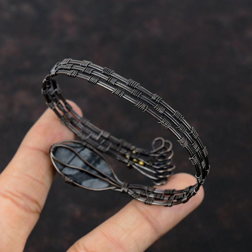 Браслет Пикассо с яшмой и драгоценным камнем, медная проволока, браслет, регулируемый браслет-манжета, браслет ручной работы, медная проволока, ювелирные изделия, подарок на помолвку