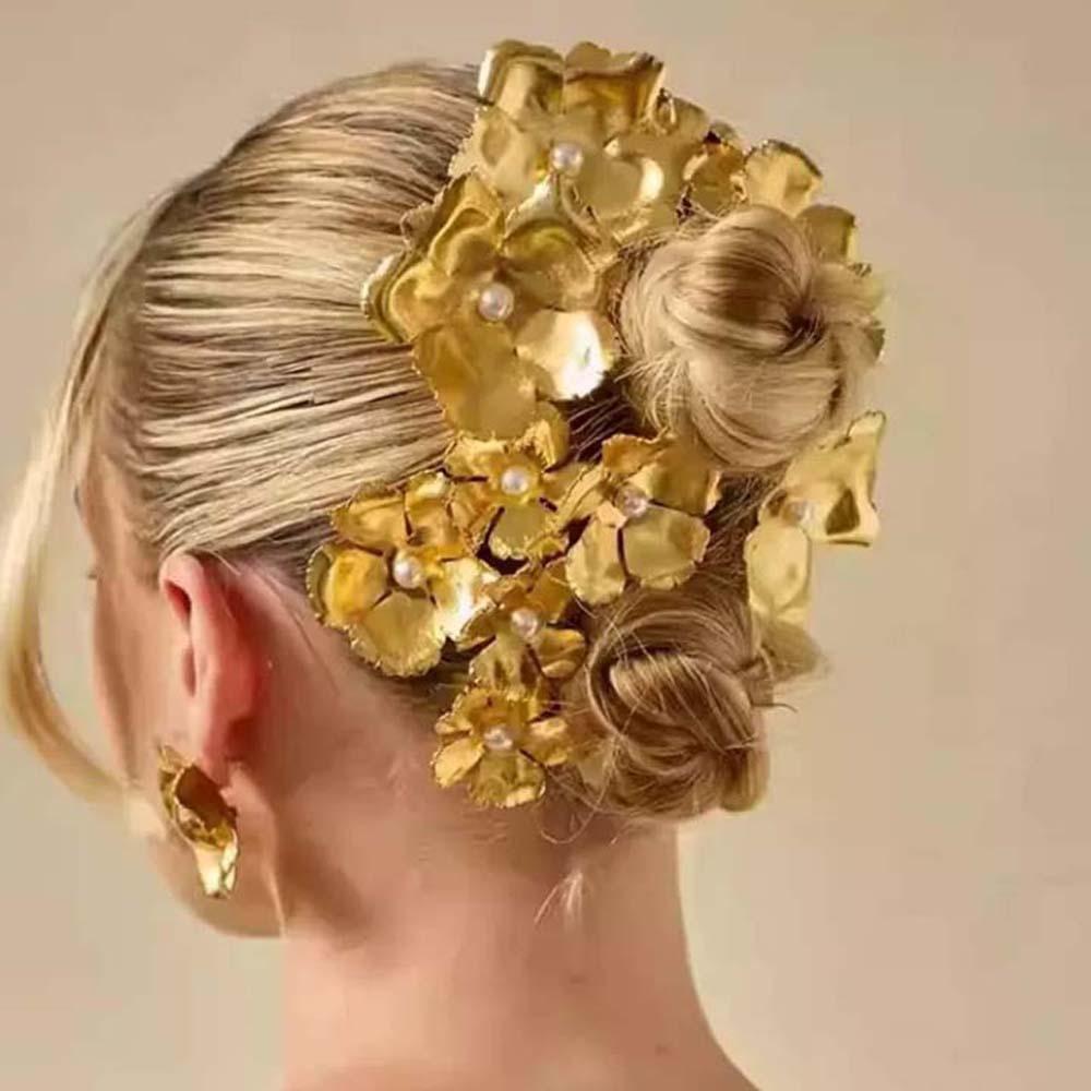 5pcs Hairstyle Tools Golden Flower Hair Forks Retro Wave Zinc Zinc Alloy Barrettes Pearl Side Clips Daily