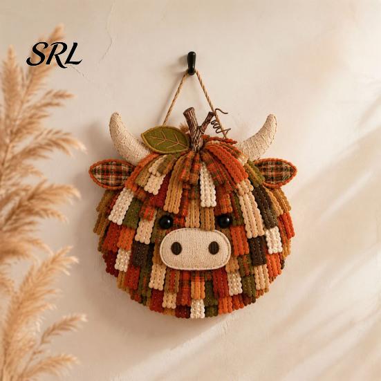 Thanksgiving Craft Activity Highland Cow Pumpkin Patchwork Kit, Fabric Autumn DIY Home Decor Crafting Set Sewing Kit for Beginners, Farmhouse