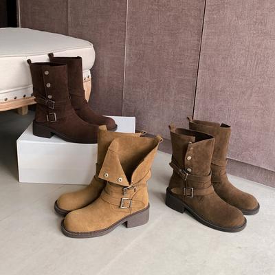 Версия из коровьей кожи~ 5 см увеличенный каблук Майяра толстый каблук на толстой подошве полусапоги женские осенне-зимние кожаные с пряжкой ботинки Мартин короткие ботинки
