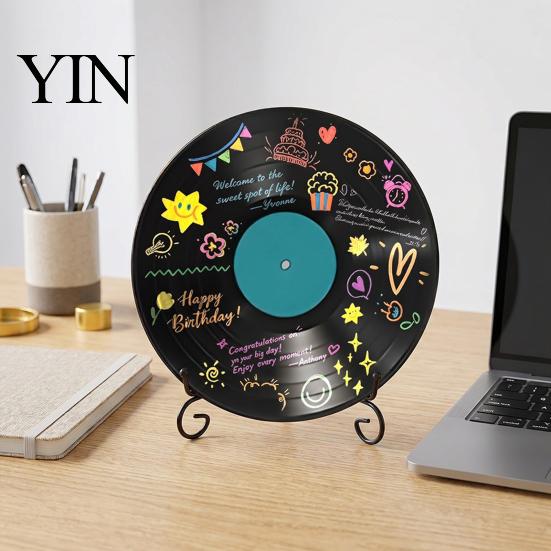 Reusable Drawing Surface Vinyl Record DIY Graffiti Clock Ornament, Blank Acrylic Retro Tabletop Wall Desktop Display Stands Decor with Stand,