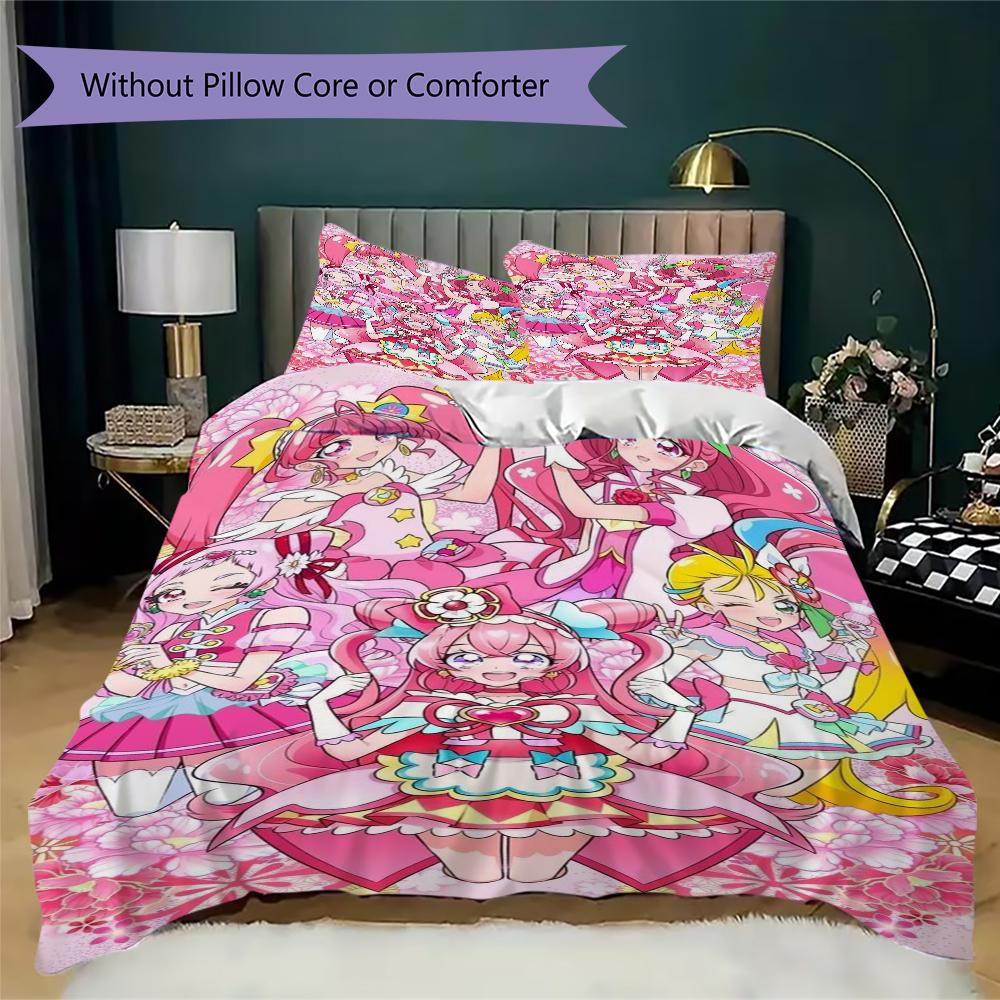 Pretty Cure Pattern Bedding,Quilt Set Quilt Cover Pillowcase Home Birthday Gift(1 * duvet cover + 2 * pillowcase, without core)_lx