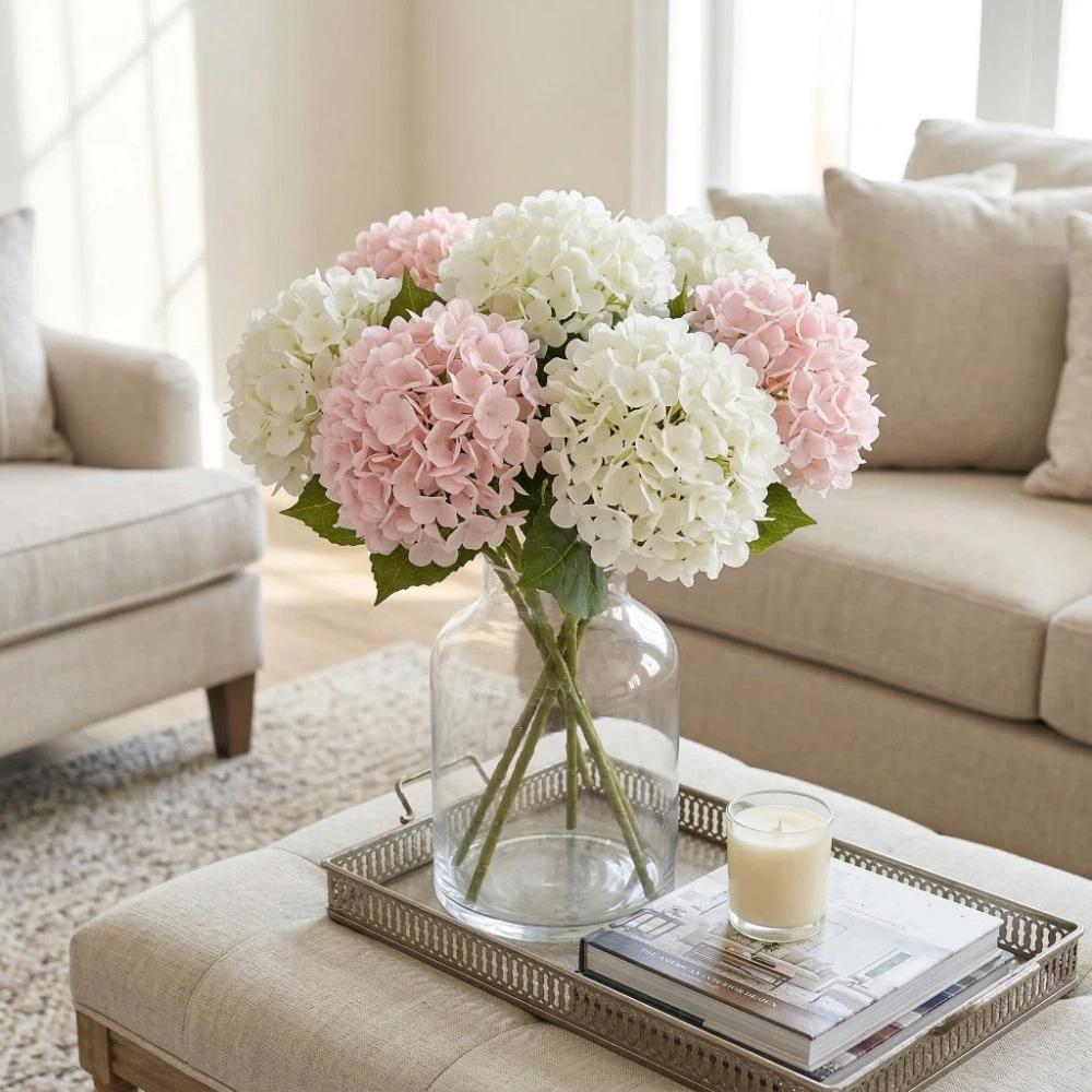 Hydrangea Macrophylla Artificial Hydrangea Flower Green Leaf Real Touch Simulation Colorful Hydrangea Handmade Luxury